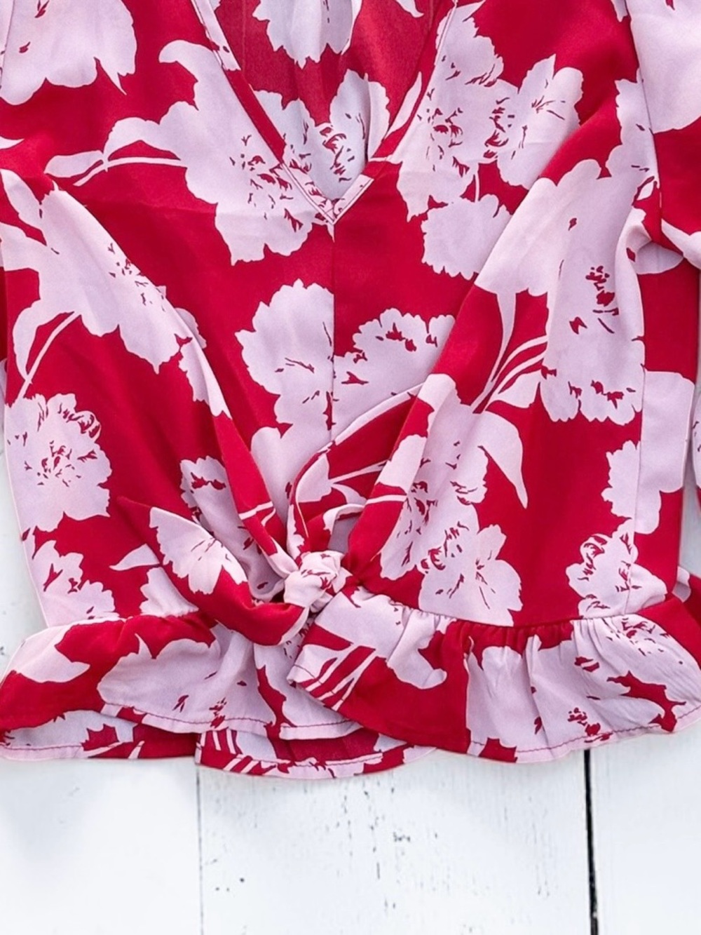 Sienna Sky Red Pink Floral Blouse Small Tie Front Peplum Lightweight Boho - Picture 6 of 9
